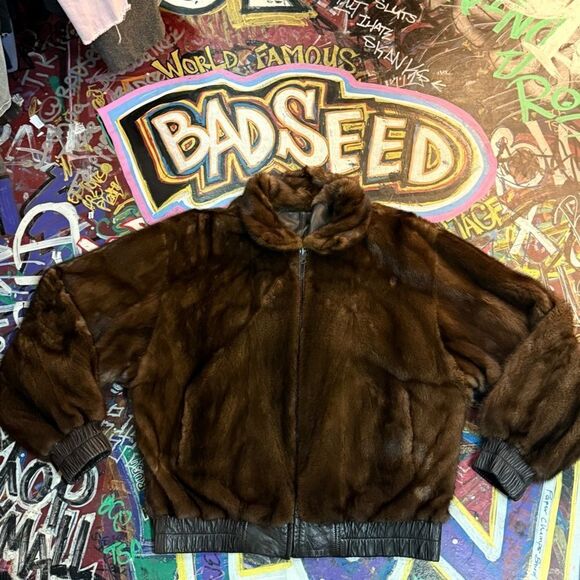 Vintage 80s Maximilian Reversible Sable Fur & Leather Bomber Jacket - Size L/XL​